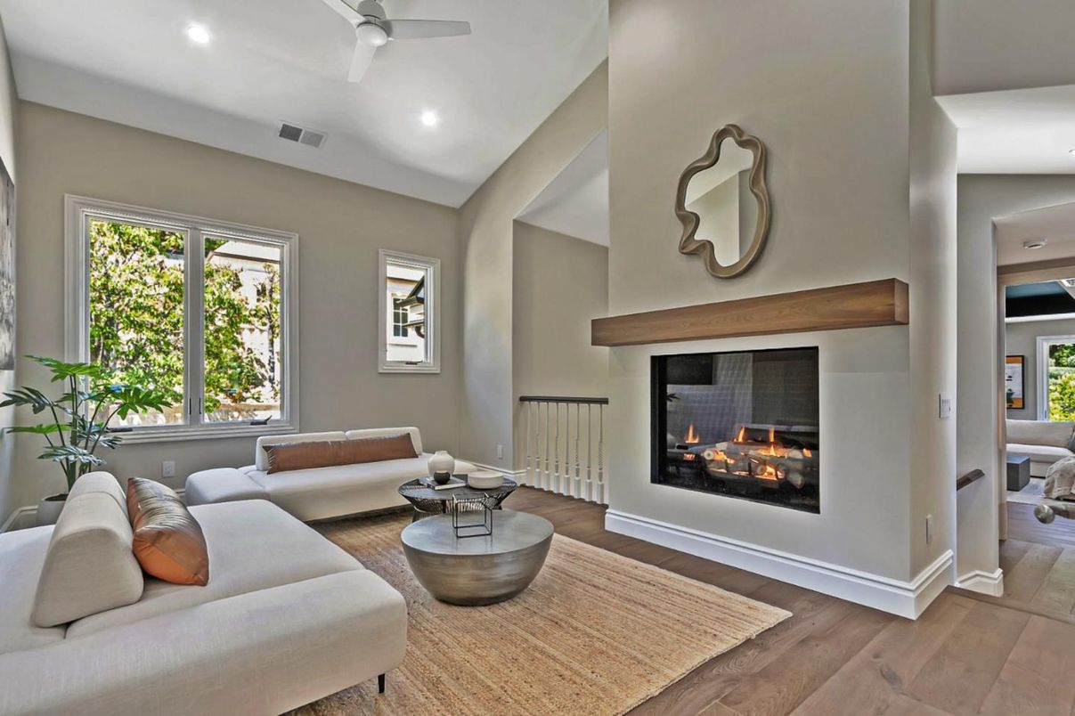 Fireplace, Interior, Living room, Recessed Lighting, Wood Texture Flooring