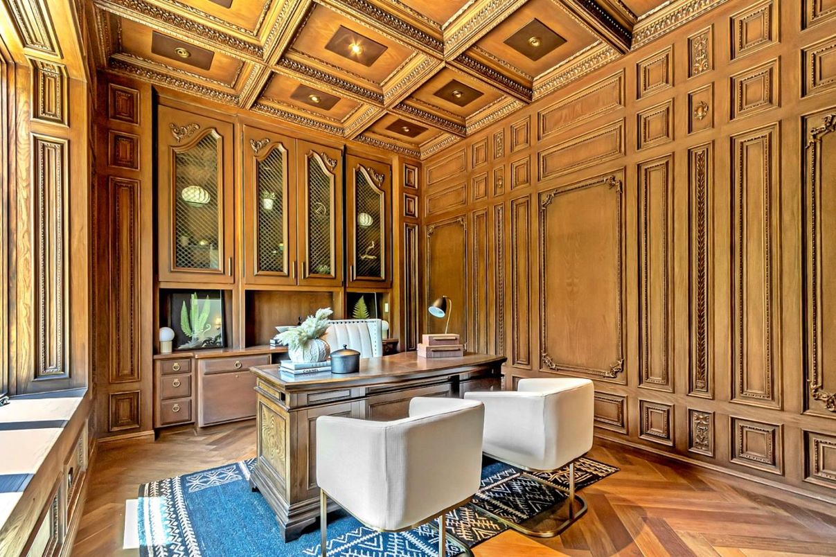 Home Office, Interior, Recessed Lighting, Wooden Ceilings, Wood Texture Flooring, Wooden Walls