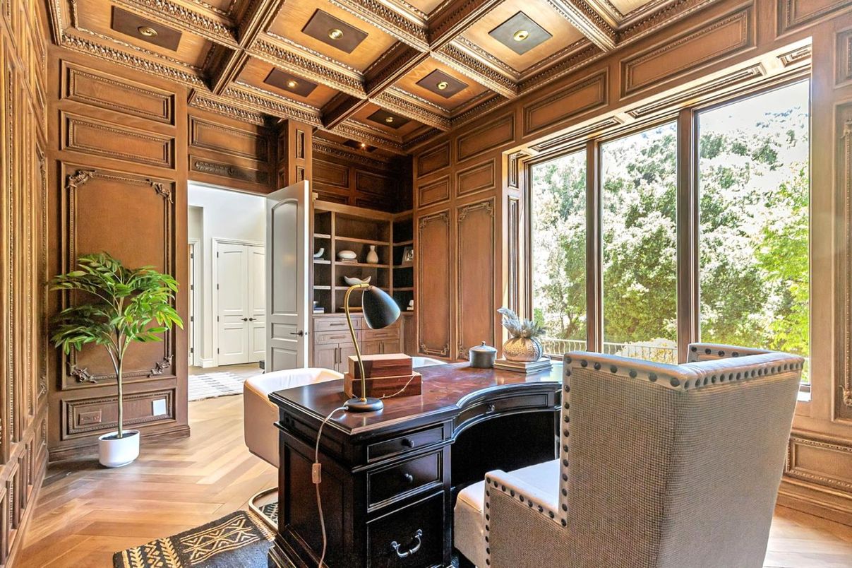 Home Office, Interior, Recessed Lighting, Wooden Ceilings, Wood Texture Flooring, Wooden Walls