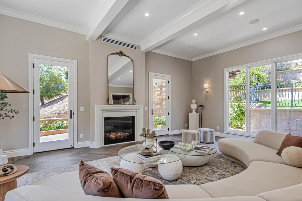 Fireplace, Interior, Living room, Recessed Lighting, Wood Texture Flooring