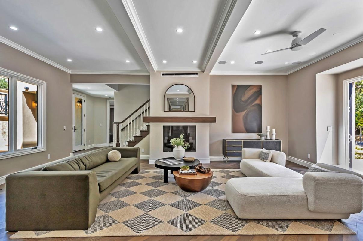 Fireplace, Interior, Living room, Recessed Lighting, Wood Texture Flooring