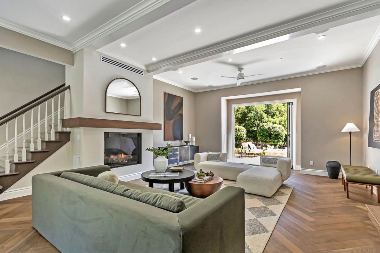 Fireplace, Interior, Living room, Recessed Lighting, Wood Texture Flooring