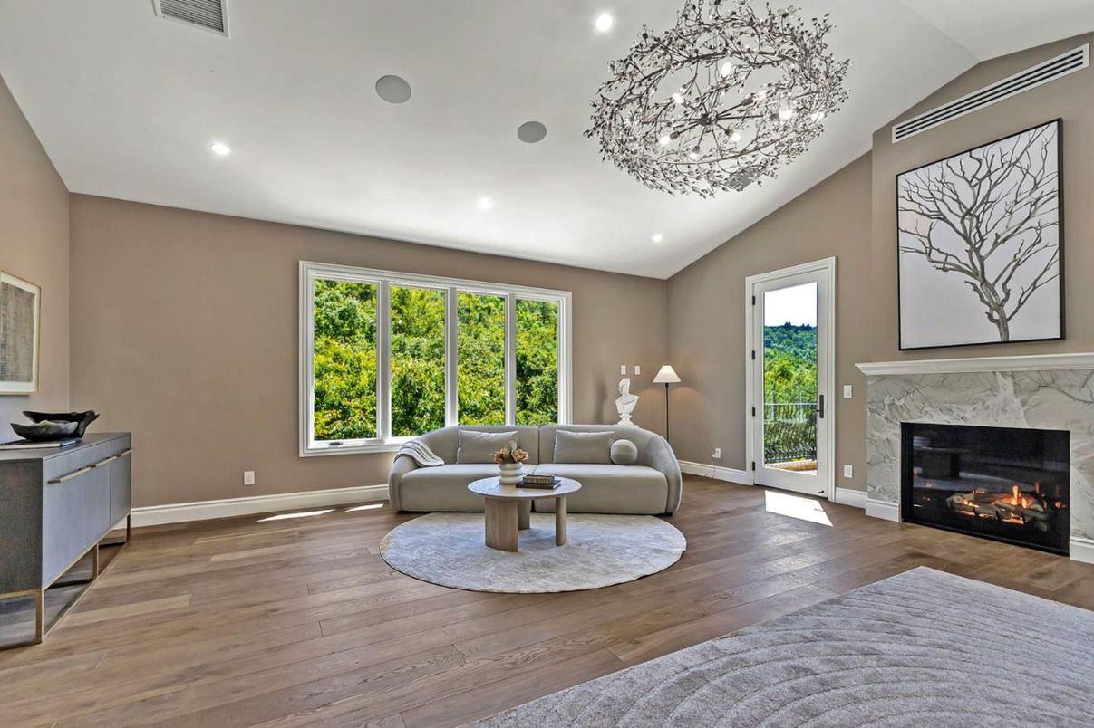 Fireplace, Interior, Living room, Recessed Lighting, Wood Texture Flooring