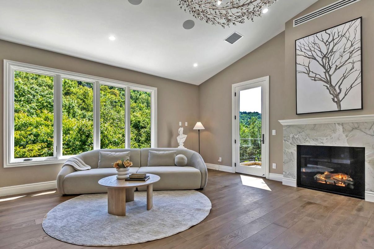 Fireplace, Interior, Living room, Recessed Lighting, Wood Texture Flooring