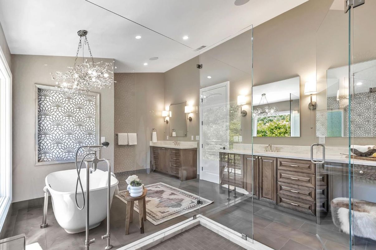 Bathroom, Dual Sink Vanities, Free Standing Baths, Glass Shower, Interior, Pendant Lights, Recessed Lighting