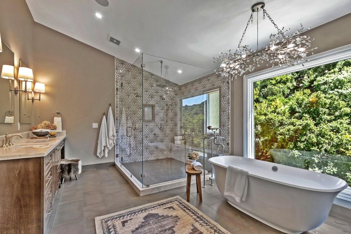 Bathroom, Free Standing Baths, Glass Shower, Interior, Recessed Lighting