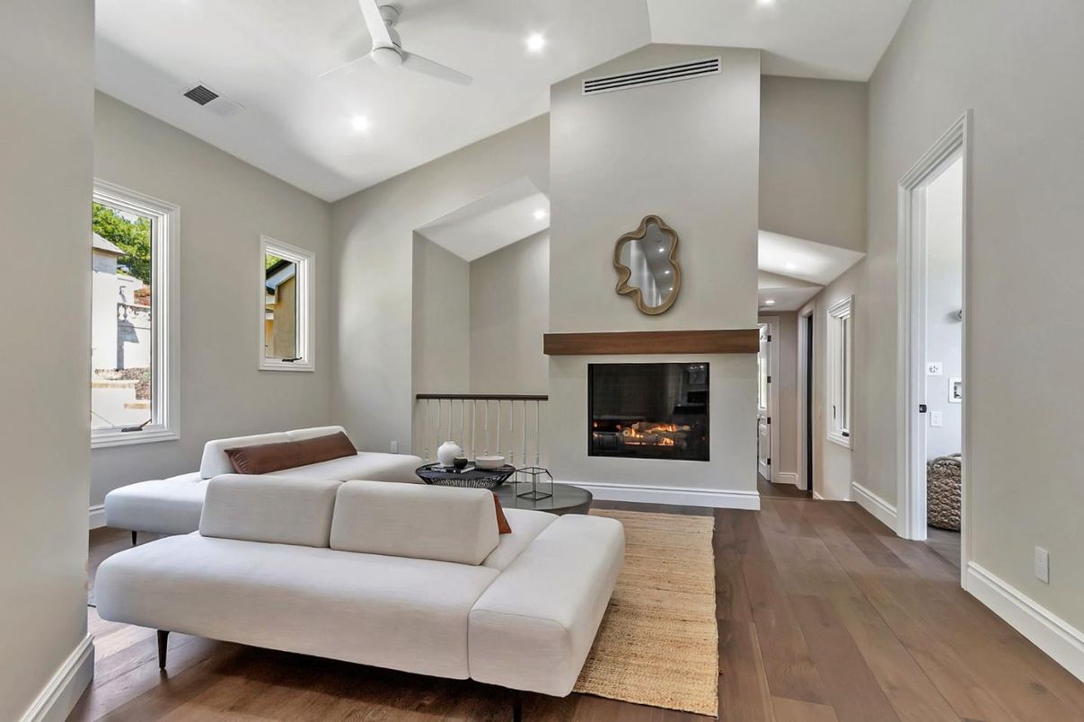 Fireplace, Interior, Living room, Recessed Lighting, Wood Texture Flooring