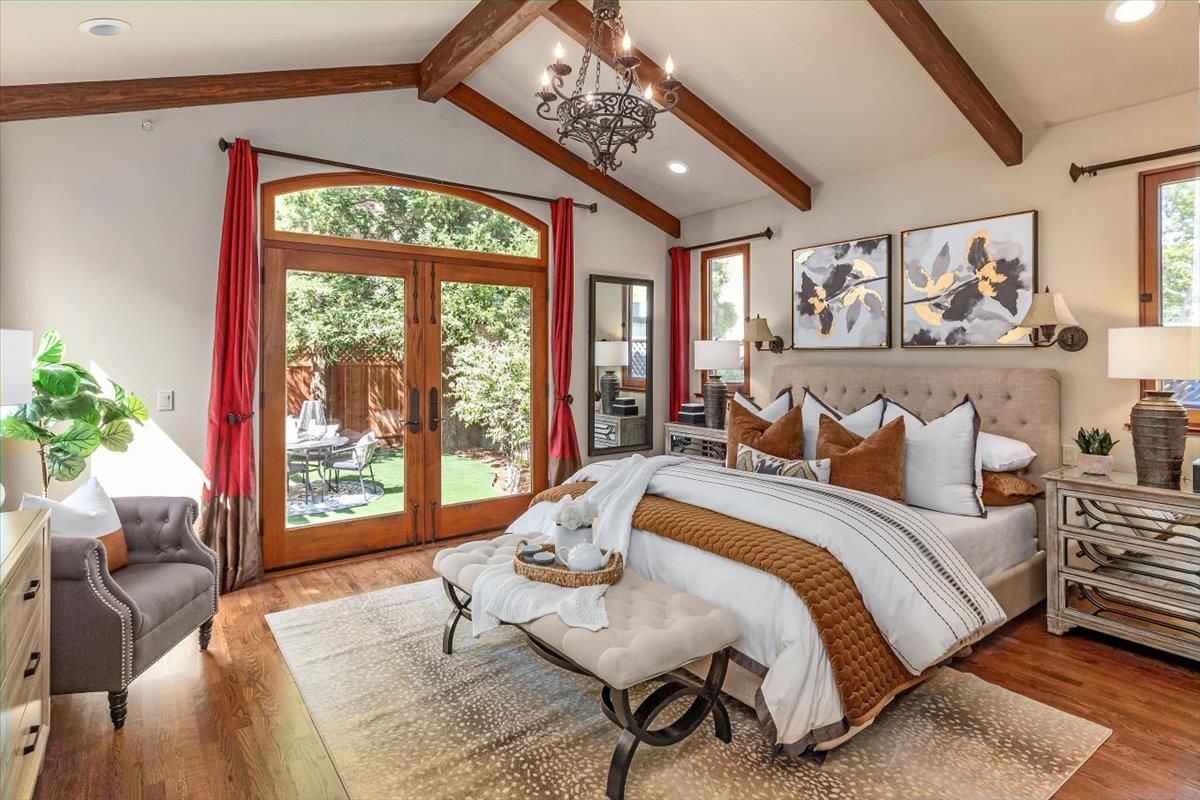 Bedroom, Chandelier, Interior, Recessed Lighting, Wooden Beams, Wood Texture Flooring
