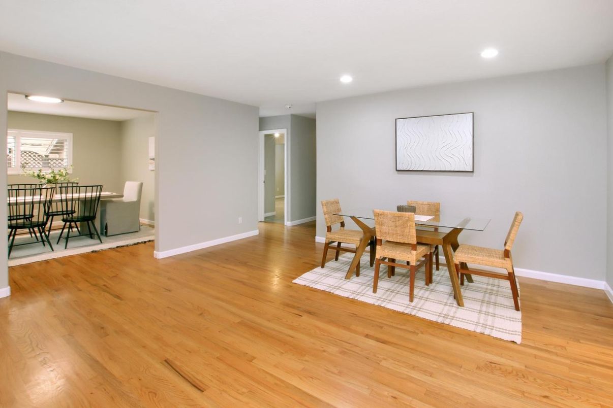 Dining room, Interior, Recessed Lighting, Wood Texture Flooring