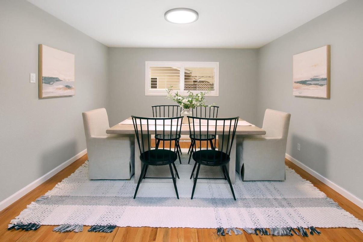 Dining room, Interior, Recessed Lighting, Wood Texture Flooring