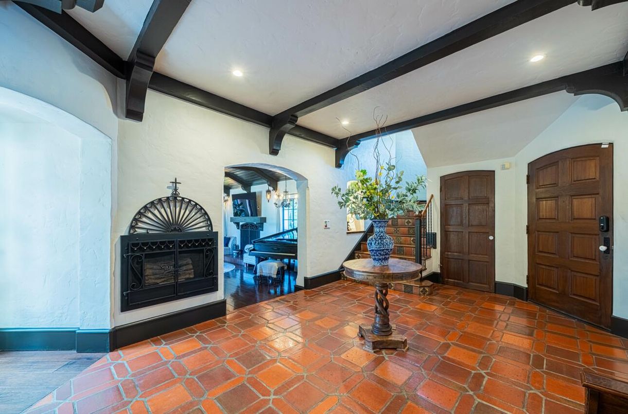 Fireplace, Interior, Piano, Recessed Lighting, Wooden Beams