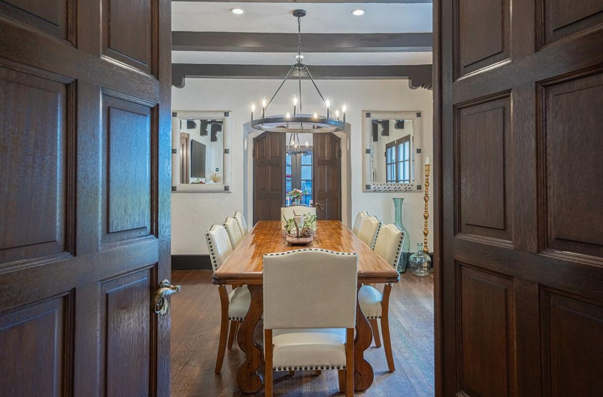 Chandelier, Dining room, Interior, Recessed Lighting, Wooden Beams, Wood Texture Flooring