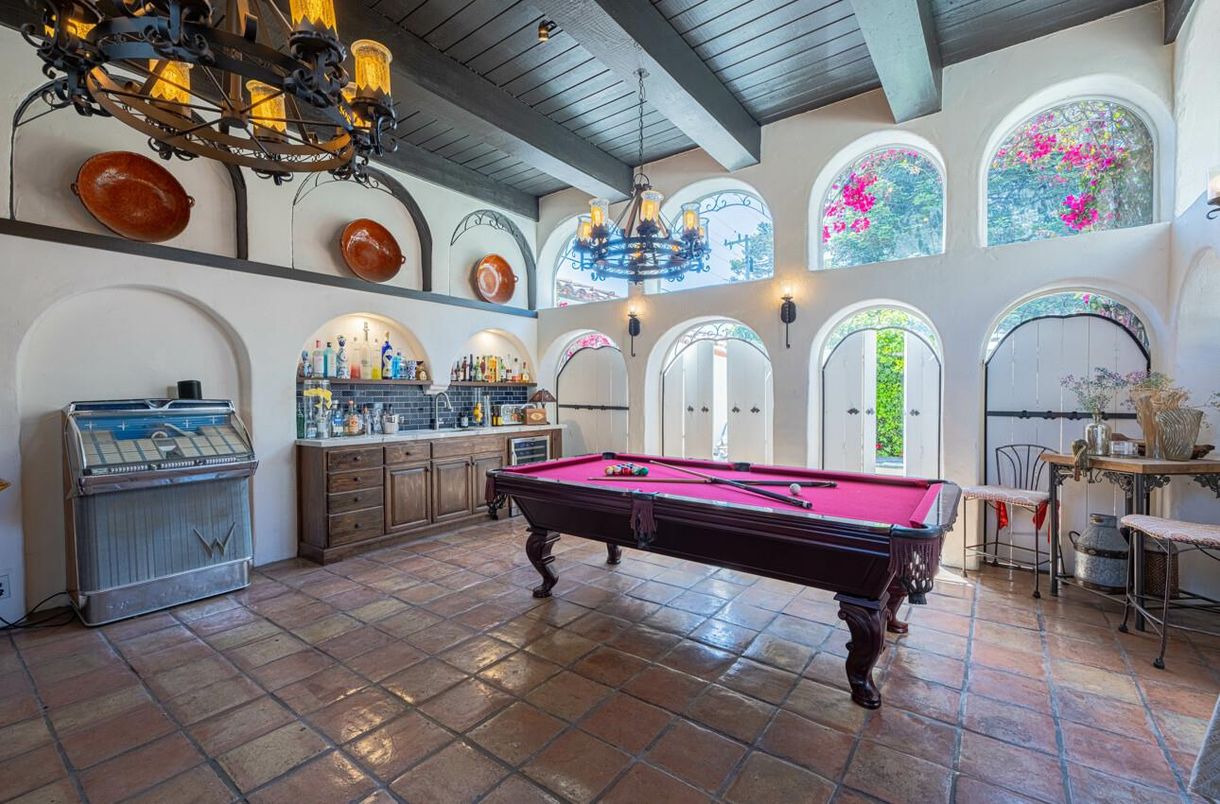 Billiard Table, Chandelier, Game Room, Interior, Wooden Beams