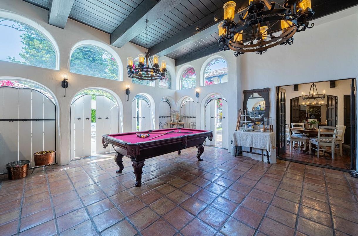 Billiard Table, Chandelier, Game Room, Interior, Wooden Beams