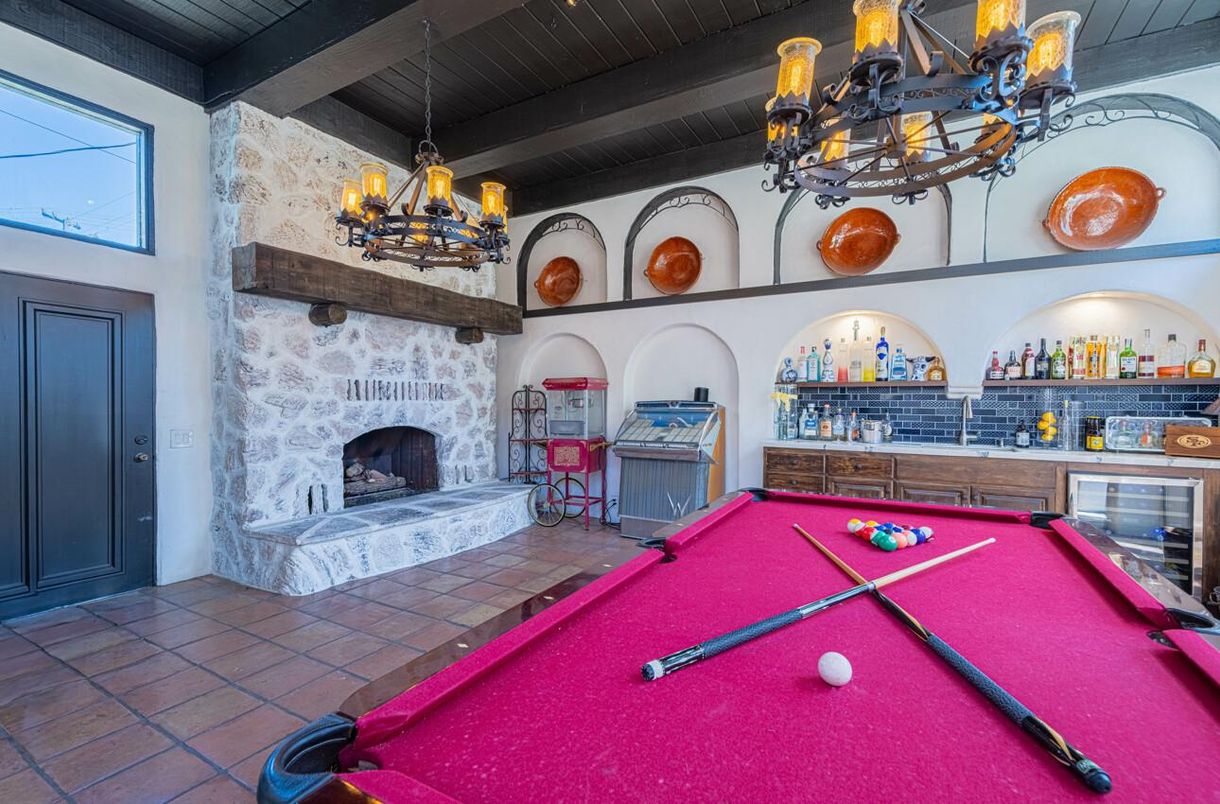 Billiard Table, Chandelier, Fireplace, Game Room, Interior, Pendant Lights, Wooden Beams