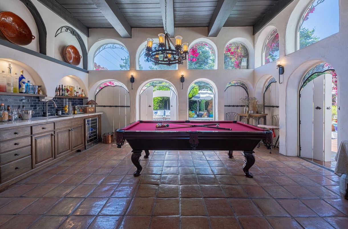 Billiard Table, Chandelier, Game Room, Interior, Wooden Beams