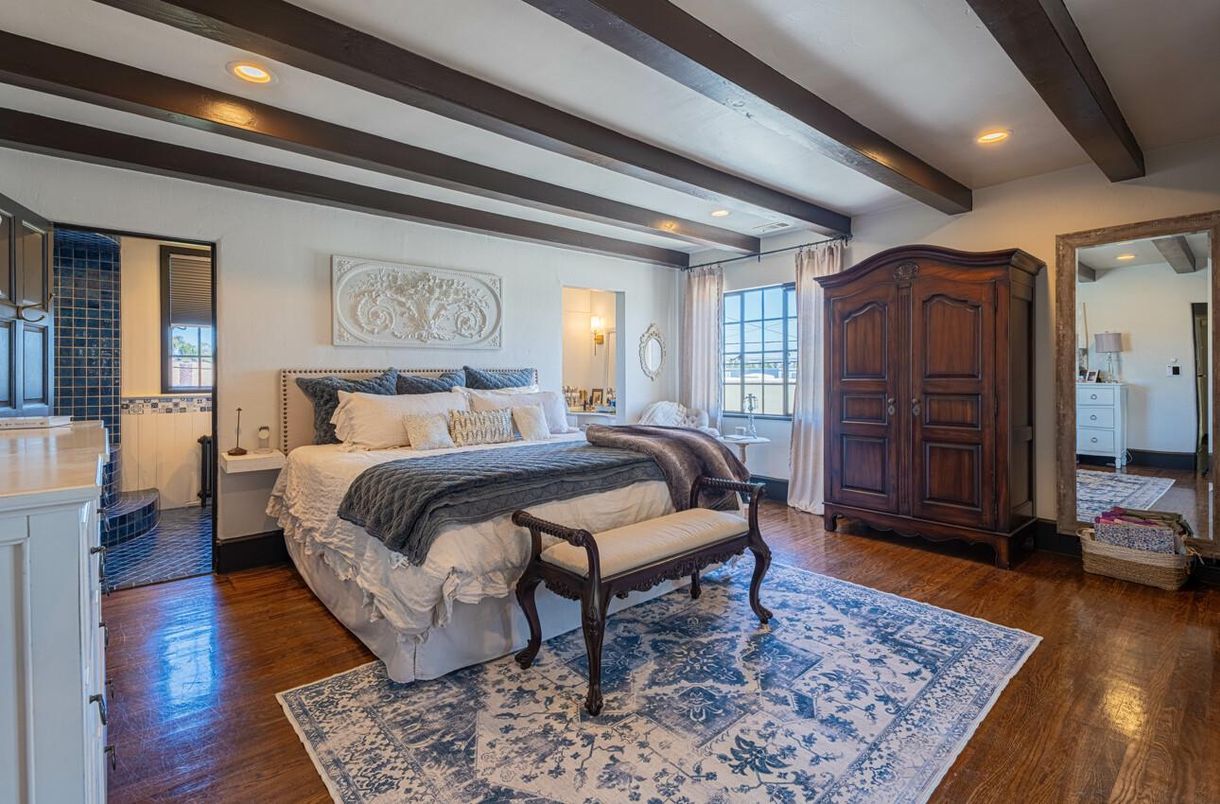 Bedroom, Interior, Recessed Lighting, Wooden Beams, Wood Texture Flooring