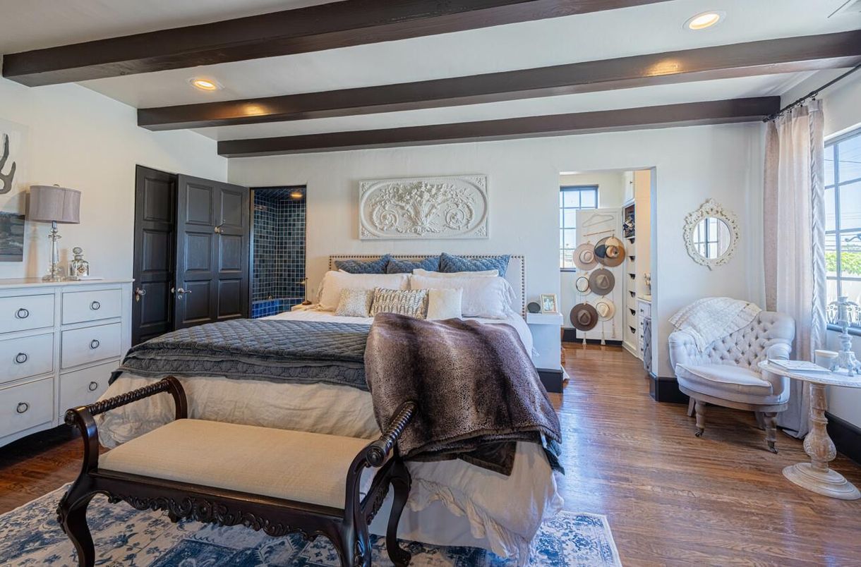 Bedroom, Interior, Recessed Lighting, Wooden Beams, Wood Texture Flooring