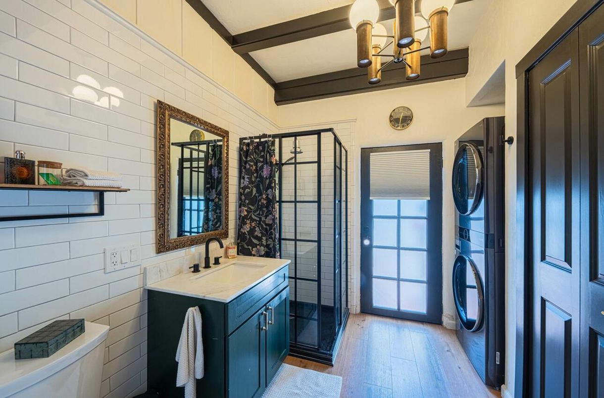 Bathroom, Chandelier, Interior, Wooden Beams, Wood Texture Flooring