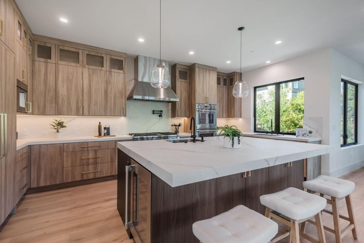 Interior, Kitchen, Pendant Lights, Recessed Lighting, Stainless Steel Appliances, Wood Texture Flooring