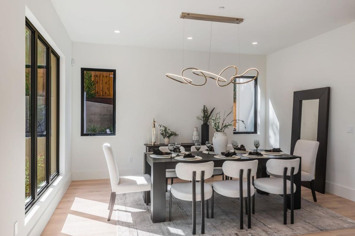 Dining room, Interior, Pendant Lights, Recessed Lighting, Wood Texture Flooring