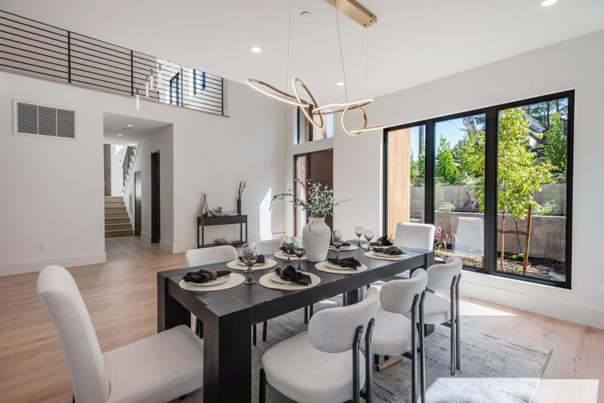 Dining room, Interior, Pendant Lights, Recessed Lighting, Wood Texture Flooring