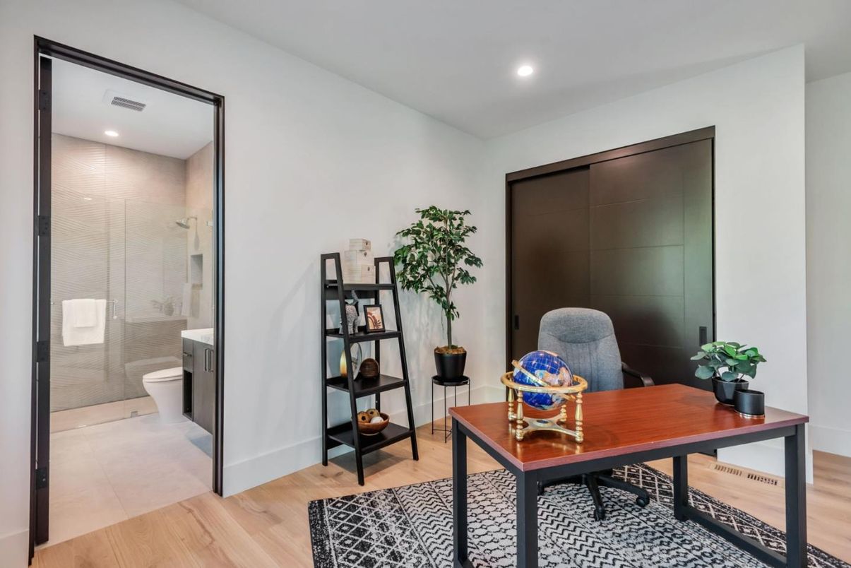 Bathroom, Glass Shower, Home Office, Interior, Recessed Lighting, Wood Texture Flooring