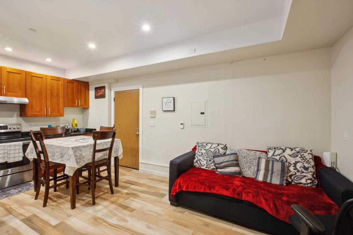 Dining room, Interior, Kitchen, Living room, Recessed Lighting, Stainless Steel Appliances, Wood Texture Flooring