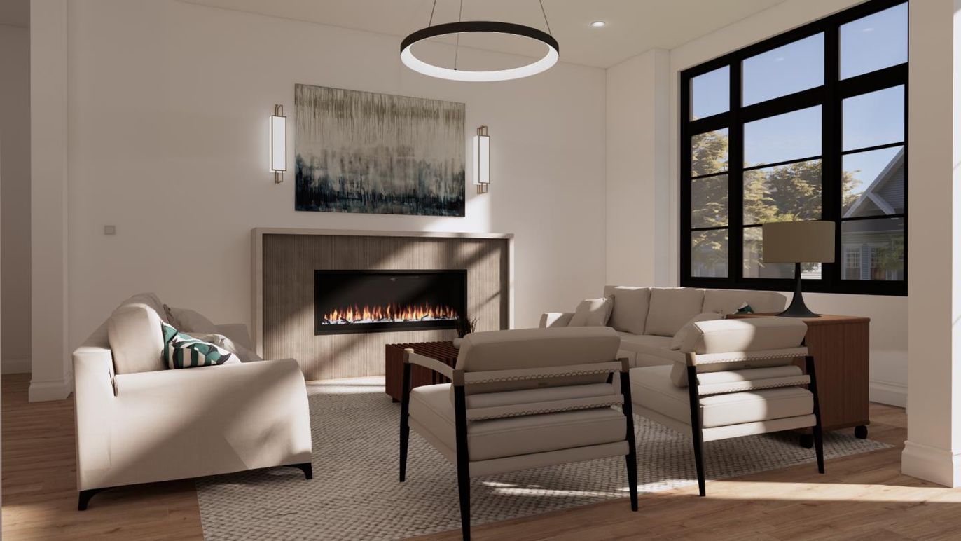Fireplace, Interior, Living room, Pendant Lights, Recessed Lighting, Wood Texture Flooring