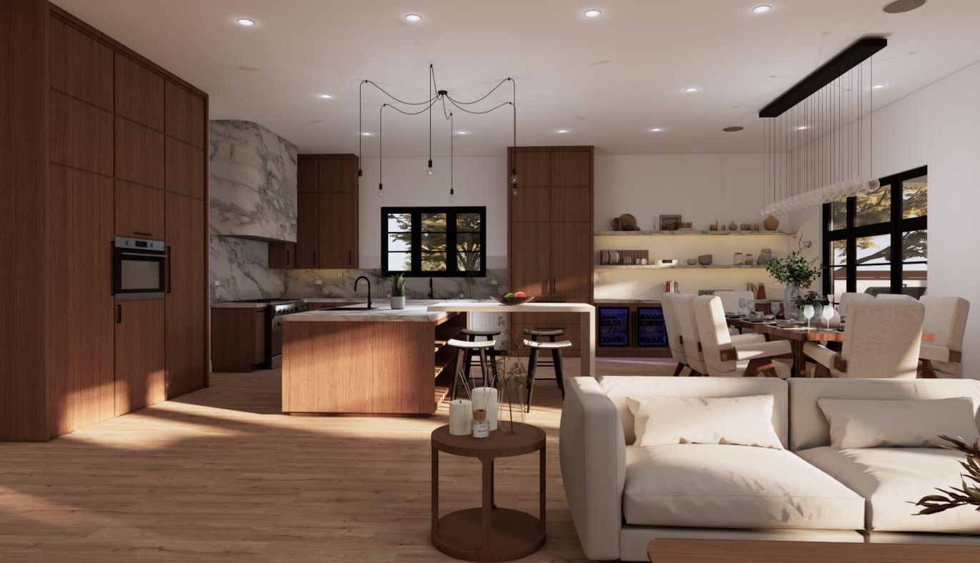 Dining room, Interior, Kitchen, Marble Walls, Pendant Lights, Recessed Lighting, Wood Texture Flooring