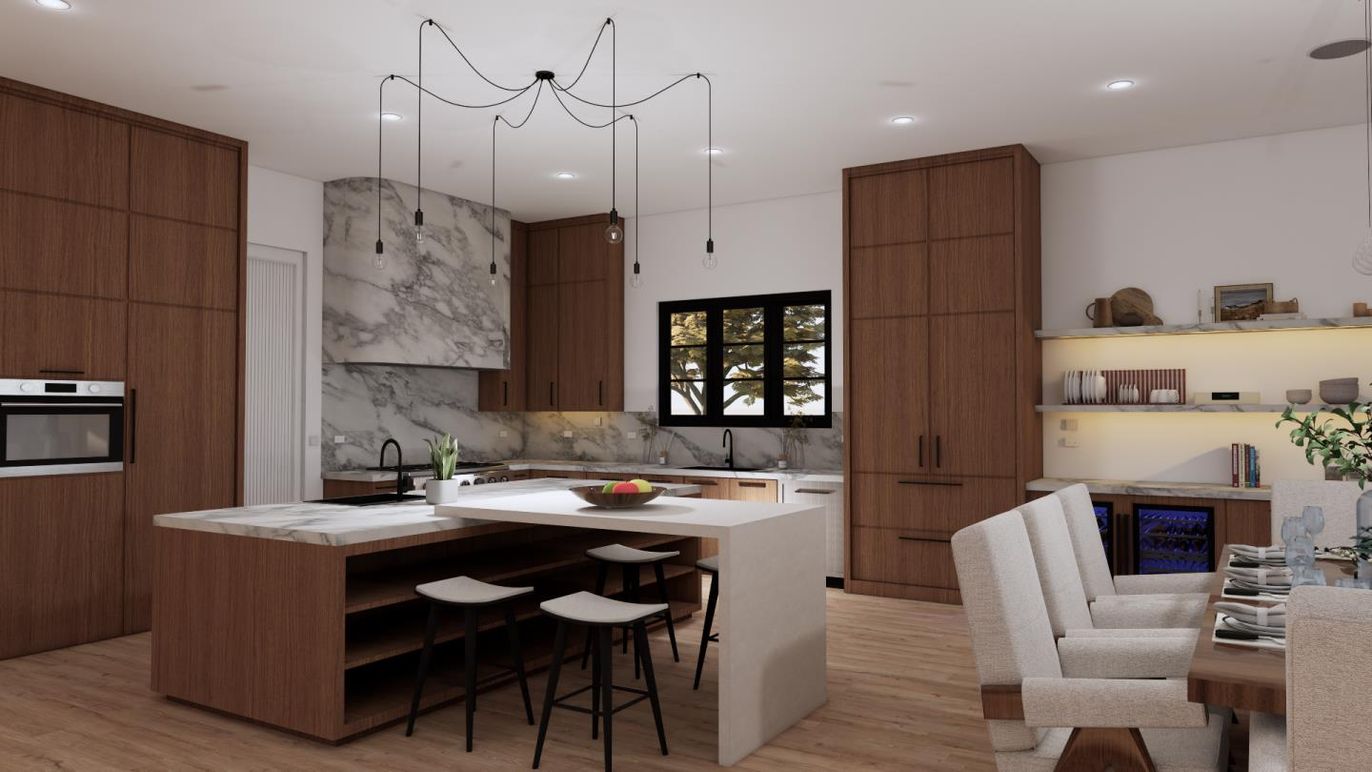 Interior, Kitchen, Marble Walls, Pendant Lights, Recessed Lighting, Wood Texture Flooring