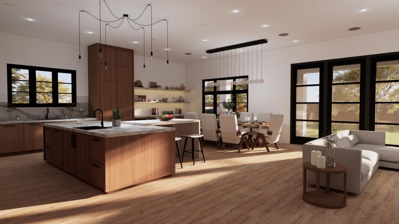 Dining room, Interior, Kitchen, Pendant Lights, Recessed Lighting, Wood Texture Flooring