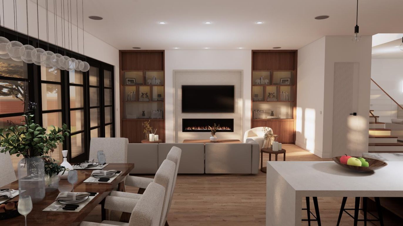 Dining room, Fireplace, Interior, Living room, Pendant Lights, Recessed Lighting, Wood Texture Flooring