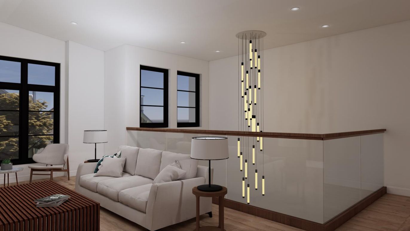 Interior, Living room, Pendant Lights, Recessed Lighting, Wood Texture Flooring