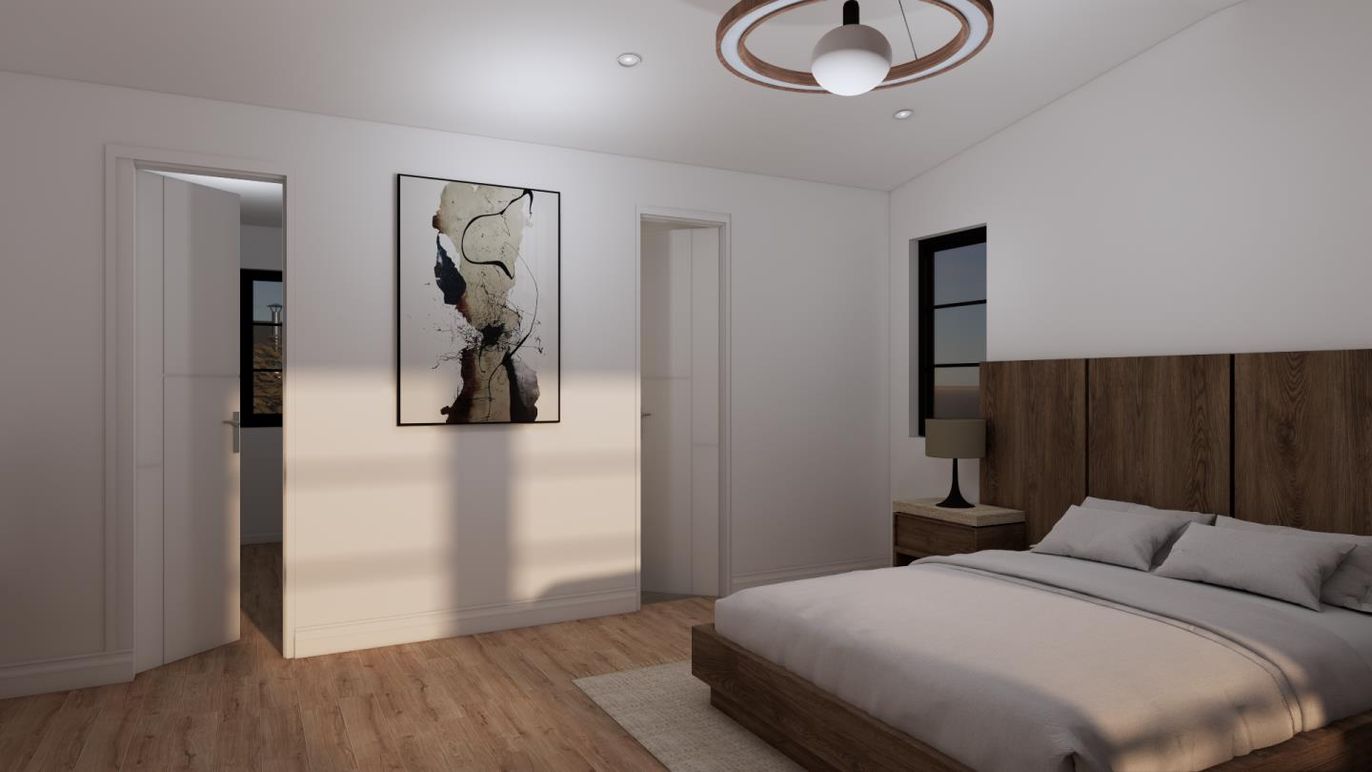 Bedroom, Interior, Recessed Lighting, Wood Texture Flooring