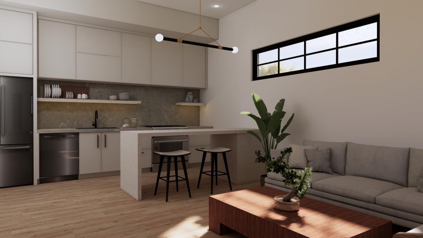Interior, Kitchen, Living room, Pendant Lights, Recessed Lighting, Wood Texture Flooring
