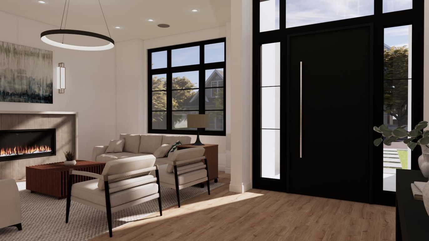 Fireplace, Interior, Living room, Pendant Lights, Recessed Lighting, Wood Texture Flooring