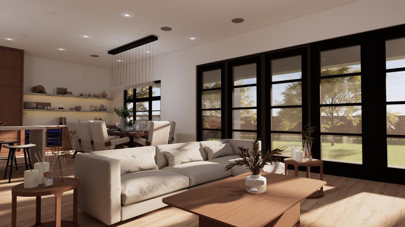 Dining room, Interior, Living room, Pendant Lights, Recessed Lighting, Wood Texture Flooring