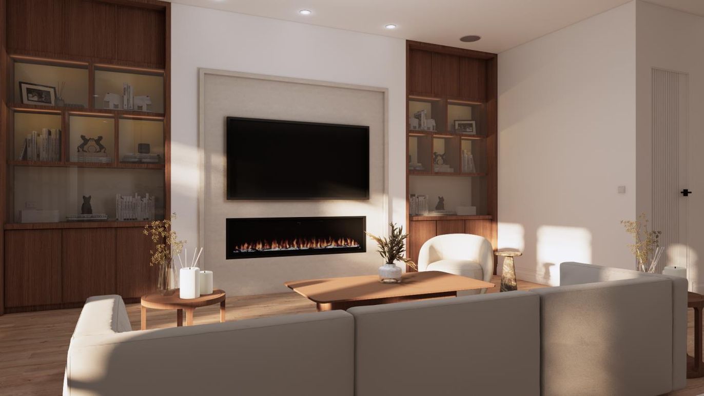 Fireplace, Interior, Living room, Recessed Lighting, Wood Texture Flooring