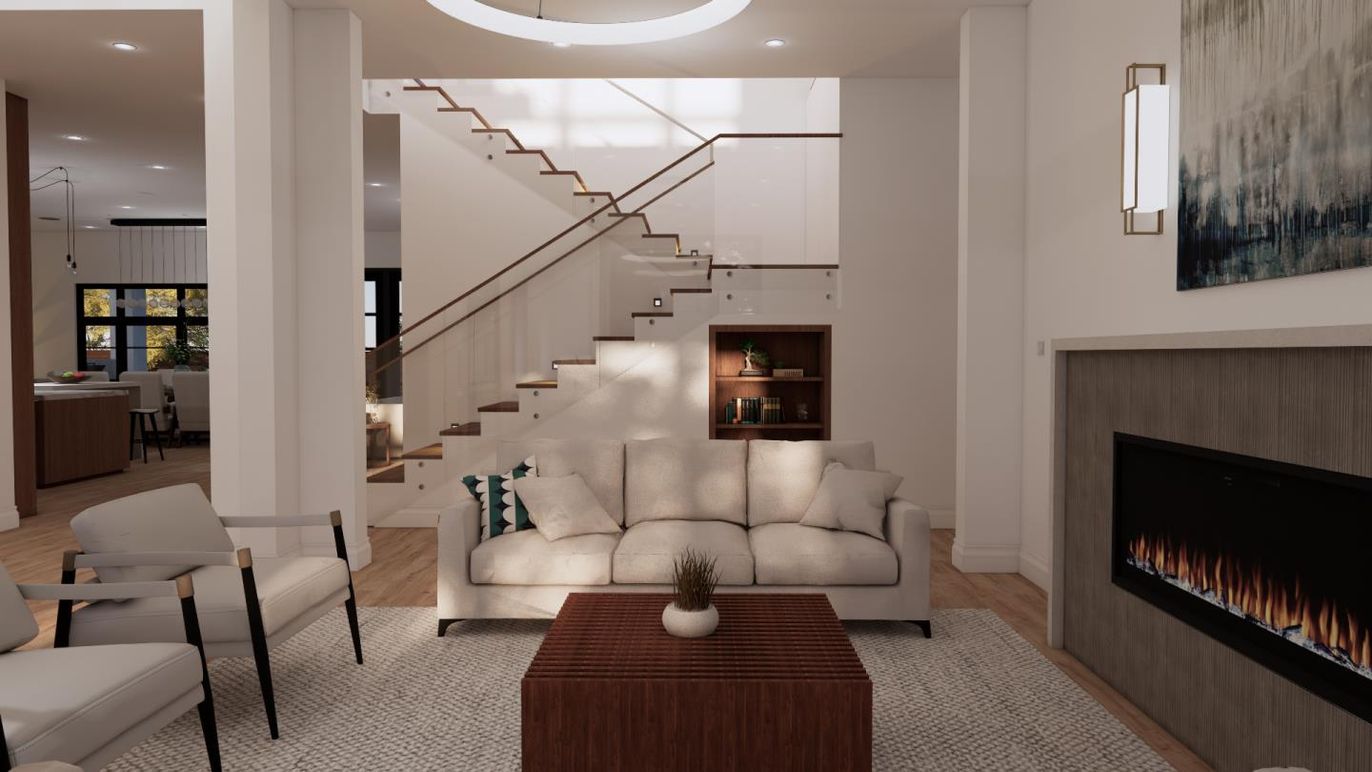 Dining room, Fireplace, Interior, Living room, Pendant Lights, Recessed Lighting, Wood Texture Flooring