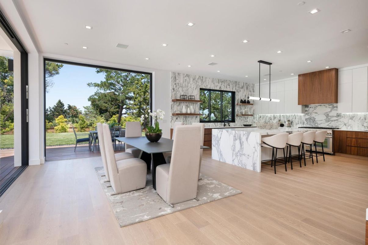 Dining room, Interior, Kitchen, Marble Walls, Pendant Lights, Recessed Lighting, Wood Texture Flooring