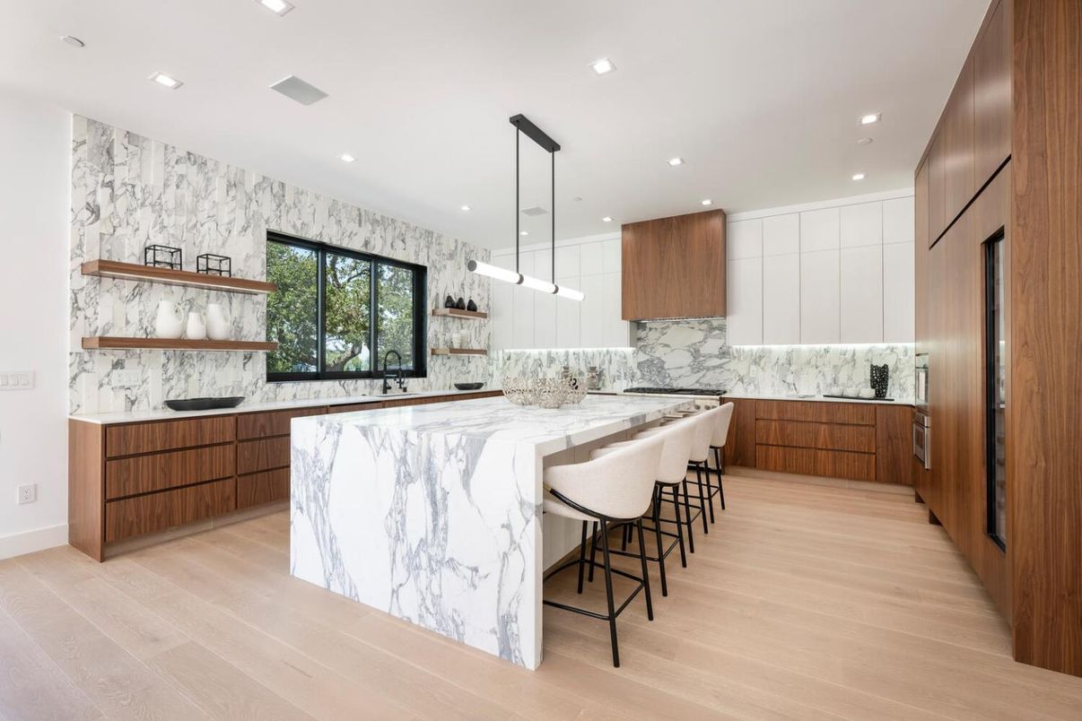 Interior, Kitchen, Marble Walls, Pendant Lights, Recessed Lighting, Wood Texture Flooring