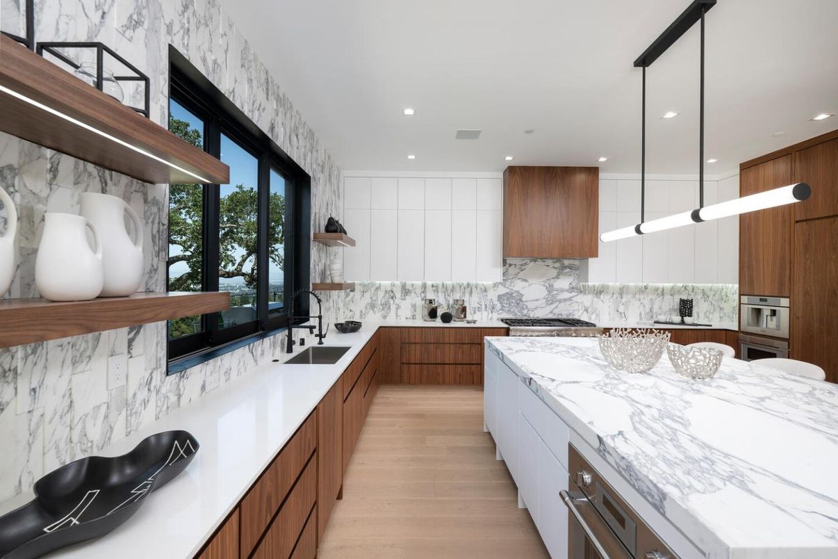 Interior, Kitchen, Marble Walls, Pendant Lights, Recessed Lighting, Wood Texture Flooring