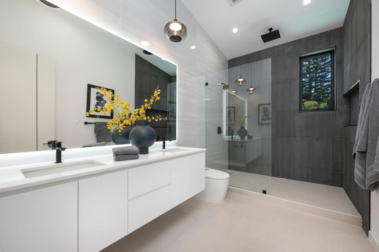 Bathroom, Dual Sink Vanities, Glass Shower, Interior, Pendant Lights, Recessed Lighting