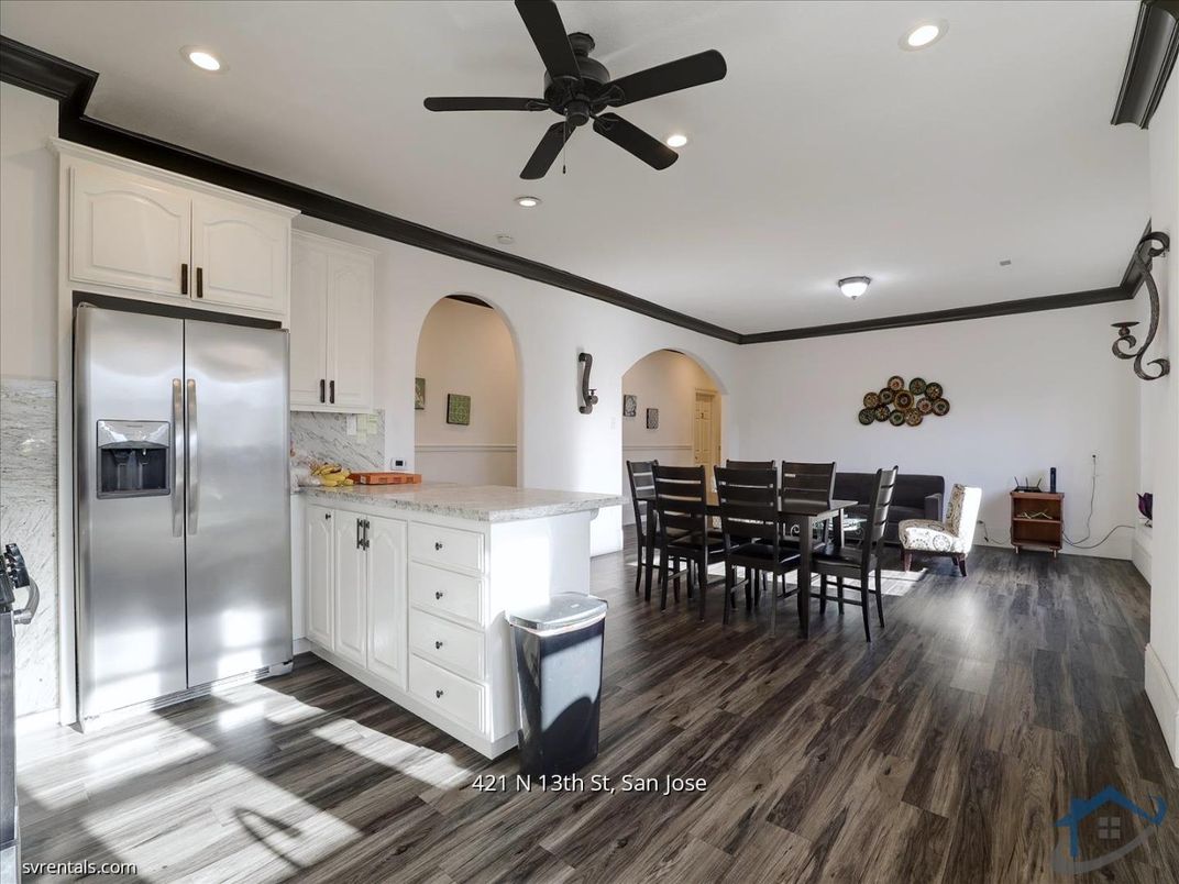 Dining room, Interior, Kitchen, Recessed Lighting, Stainless Steel Appliances, Wood Texture Flooring