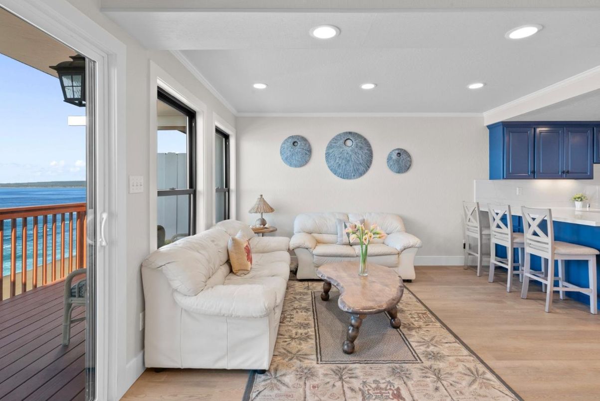 Dining room, Interior, Kitchen, Living room, Recessed Lighting, Water, Wood Texture Flooring