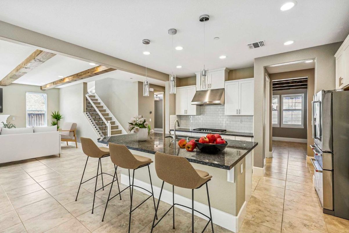 Empty room, Fireplace, Interior, Recessed Lighting, Wooden Beams