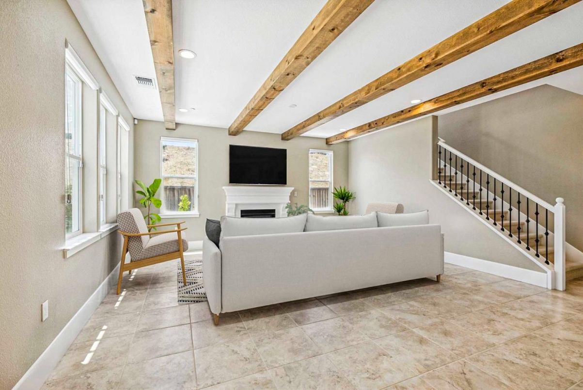 Fireplace, Interior, Kitchen, Pendant Lights, Recessed Lighting, Stainless Steel Appliances, Wooden Beams