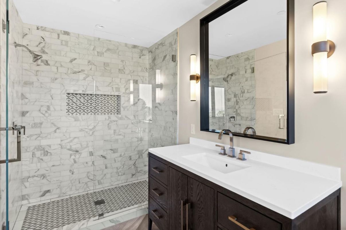 Bathroom, Glass Shower, Interior, Marble Walls, Recessed Lighting