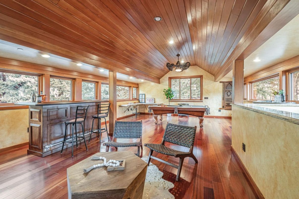 Billiard Table, Game Room, Interior, Recessed Lighting, Wooden Ceilings, Wood Texture Flooring